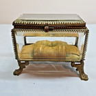 Antique French Beveled Glass Ormolu Filigree Brass Jewelry Casket Box