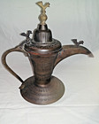 Bedouin Middle East Copper Brass Signed Dallah Etched Coffee Pot Figural Birds