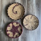 Set Of 3 Handwoven Coiled Seagrass Wall Baskets Boho Burgundy Natural Decor