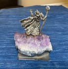 Vintage Pewter Figurine Mythical Wizard Crystal Ball Purple Amethyst Geode 13b