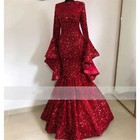 Burgundy Sequin Evening Dresses Long Sleeves Mermaid  Party Gowns Zipper Back