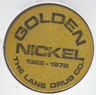 The Lane Drug Company  50th Anniversary  Token   golden  Wooden Nickel