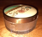 Vintage Art Deco Ribbed Glass Footed Vanity Powder Jar   Enamel floral brass Lid