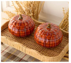 Set Of 2 Ceramic Plaid Pumpkin Serving Bowls With Lid By Valerie