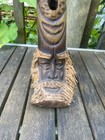 Vtg Hand Carved Tiki Statue With Raffia Trim Tribal Polynesian Art Sculpture