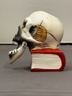 Vintage 3 5  Bisque Skull On Book Jaw Nodder Match Stick Holder Japan