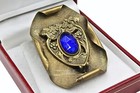 Antique Victorian Brass Swirls Scrolls Cobalt Blue Czech Glass Brooch