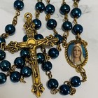 Vtg Rosary Beaded Religious Catholic Blue Beads Gold Tone Crucifix Guide Me Mary