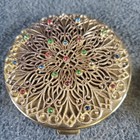 2 Vintage Powder Compact Gold-tone Floral Design Red blue green Rhinestones