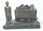 Vintage Souvenir Miner Statue  Brass Charcoal Cart Wooden Base Velenje 3 x4 5  