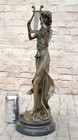 Large Western Art Deco Pure Bronze Women Girl Belle Play Harp Lyre Art Sculpture