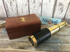 6  Brass Telescope W  Leather Grip   Wooden Box   Nautical Spyglass Maritime