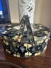 Vintage Oval Tin 2-handled Basket Sewing Box Black With Pink   Blue Florals
