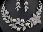 Sexy Flower Faux Pearl Austrian Rhinestones Bib Necklace Earrings Set Prom N924