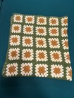 Vintage 1970s Crochet Granny Square Afghan Blanket Throw 56x52 Boho Green Brown