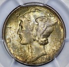 1945-d Mercury 10c Silver Dime Pcgs Ms 66 Fb Full Bands Copper Color Toning