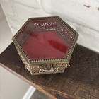 Vtg Filigree Floral Ormolo Beveled Glass Footed Jewelry Trinket Box 5    Hexagon