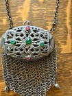 Antique German Silver Art Nouveau Deco Repousse Mesh Purse Red And Green Jewels