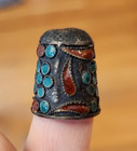 Antique Thimble stamped 905 silver With Turquoise   Red Enamel  75  High wide
