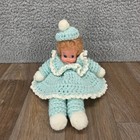 Vintage Handmade Crochet Doll Aqua Blue Outfit Plastic Face Stuffed Toy