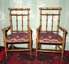 Sale  Pair Of Antique French Miniature Faux Bamboo pink Silk Salon Doll Chairs 
