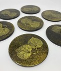 Vintage Black Lacquer Drink Coaster Set Of 7 In Round Box Gold Leaf Nature