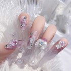 Long Coffin False Nails French Purple Floral Fake Nails Bowknot Press On Nails