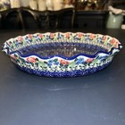 Ceramika Artystyczna Polish Pottery Scalloped Quiche Pie Dish Blue Rose 10   dx2   h