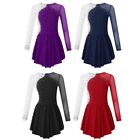 Girls Shiny Rhinestone Contrast Color Long Sleeve Figure Ice Skating Dance Dress
