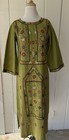 Vtg 70s Kaftan Green Mirror Work Hand Embroidered Tunic Maxi Dress Sz M