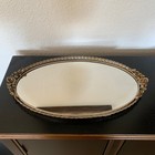 Vintage Oval Mirrored Vanity Tray Gold Filigree Rose Floral Border Ornate Mirror