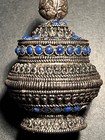 Vintage Asian Round Blue Lapis   925 Sterling Silver Pill   Snuff   Stash Box