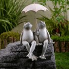 Couple Frogs Edge Sitting Statue Under Umbrella Garden Yard Decor Shelf Display