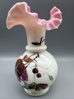 Antique Victorian Hand Blown Hand Painted White Pink Art Glass Vase 7 5    Tall