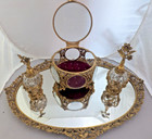 Rare-vtg Matson Ormolu Gold Flower Dogwood Bird Vanity W Mirror Tray    4pc- Read