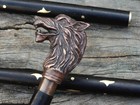 Handmade Walking Stick Wolf Head Antique Brass Handle Wooden Cane Vintage Decor