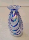 Art Glass Iridescent Swirl Blue   White Vase  Vintage  3 4 8 X 3