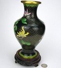 Vintage Chinese Cloisonn   8  Brass Vase Carved Wood Stand Peony Dahlia Blue Bird