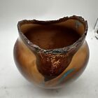 Turned Wood Bowl vase Artist Signed Turquoise Inlay Live Edge Rim Apricot  read