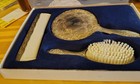 Vintage 3 Pc Silver Plated Vanity Dresser Set Hand Mirror  Brush    Comb In Box