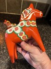 Vintage Orange Swedish Wood Dala Horse Set Of Two Mcm Hand Painted Folk Art