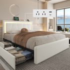 Full Queen Faux Leather Bed Frame With 4 Drawers   led Adjustable Headboard