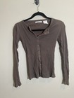 Womens Brown Shirt Waffle Knit Thermal Long Sleeve V Neck Buttons