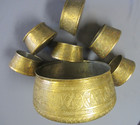 Mamluk Islamic Arabic Engraved Brass Tinned Basin   6 Cups Or Bowls Antique Rare