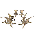 Vintage Pair Brass Dragon Candlestick Holders Winged Mythical Gothic Fantasy