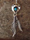 Navajo Indian Jewelry Sterling Silver Turquoise Bear Paw Feather Pendant