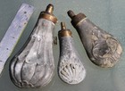 Antique Zinc Powder Flask Lot Of 3 Hunting Dog   Scalloped Patterns