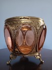 Vintage Large Footed Ormolu Beveled Amber Glass Filigree Casket Jewelry Box
