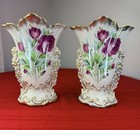 Antique Pair 19thc French Old Paris Porcelain Bridal Fan Vases Gilt Floral 10 5 