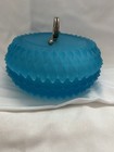 Vintage Powder Vanity Jar  Blue Satin Glass Container With Lid  Diamond Point